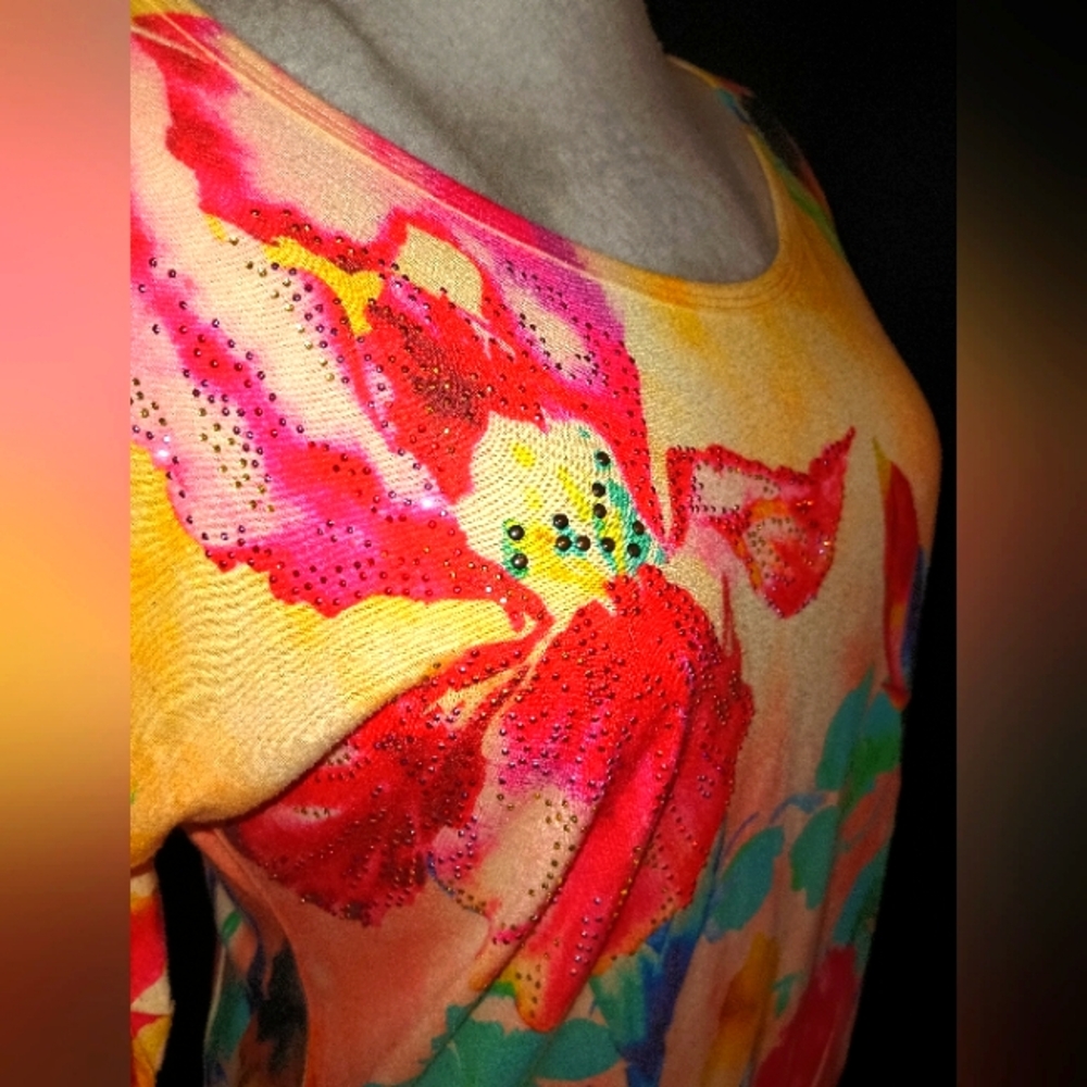 Vibrant Floral Top with Rhinestones